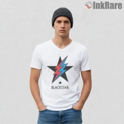 David Bowie Blackstar Lightning Bolt Minimal Symbol Shirt on white v-neck shirt for men graphic tee
