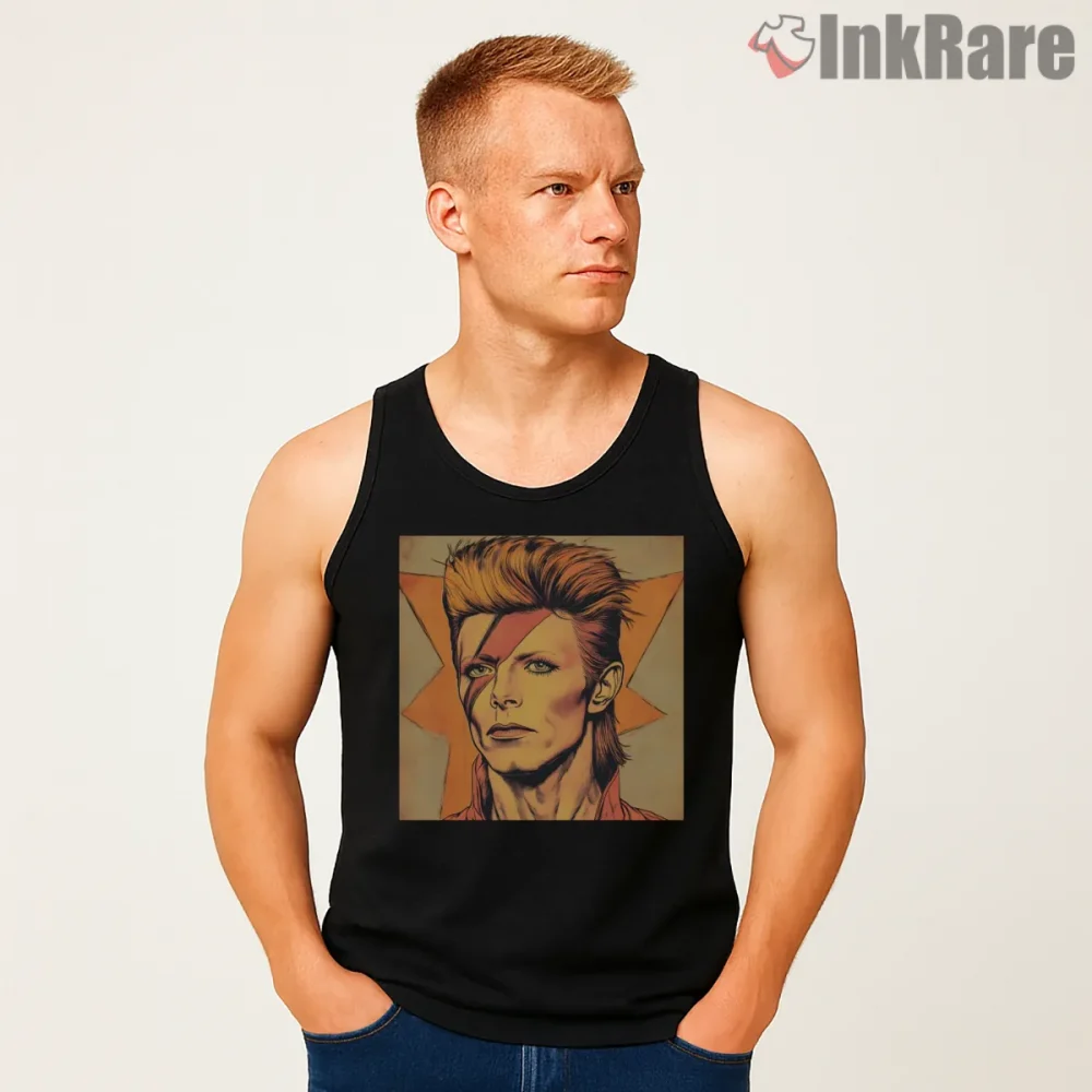 David Bowie Cool Cat Glam Rock Portrait Shirt on black tank top for men graphic tee