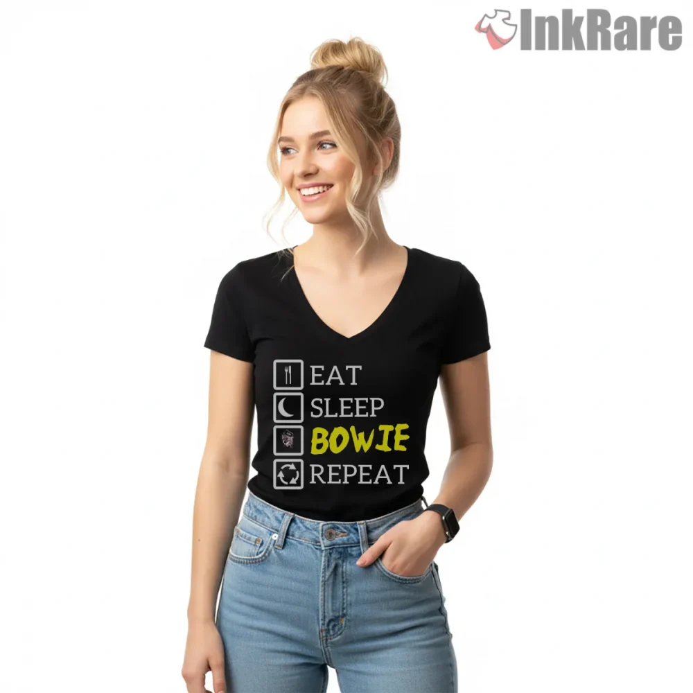 David Bowie Eat Sleep Bowie Repeat Vintage Humor Shirt on black v-neck shirt for women graphic tee