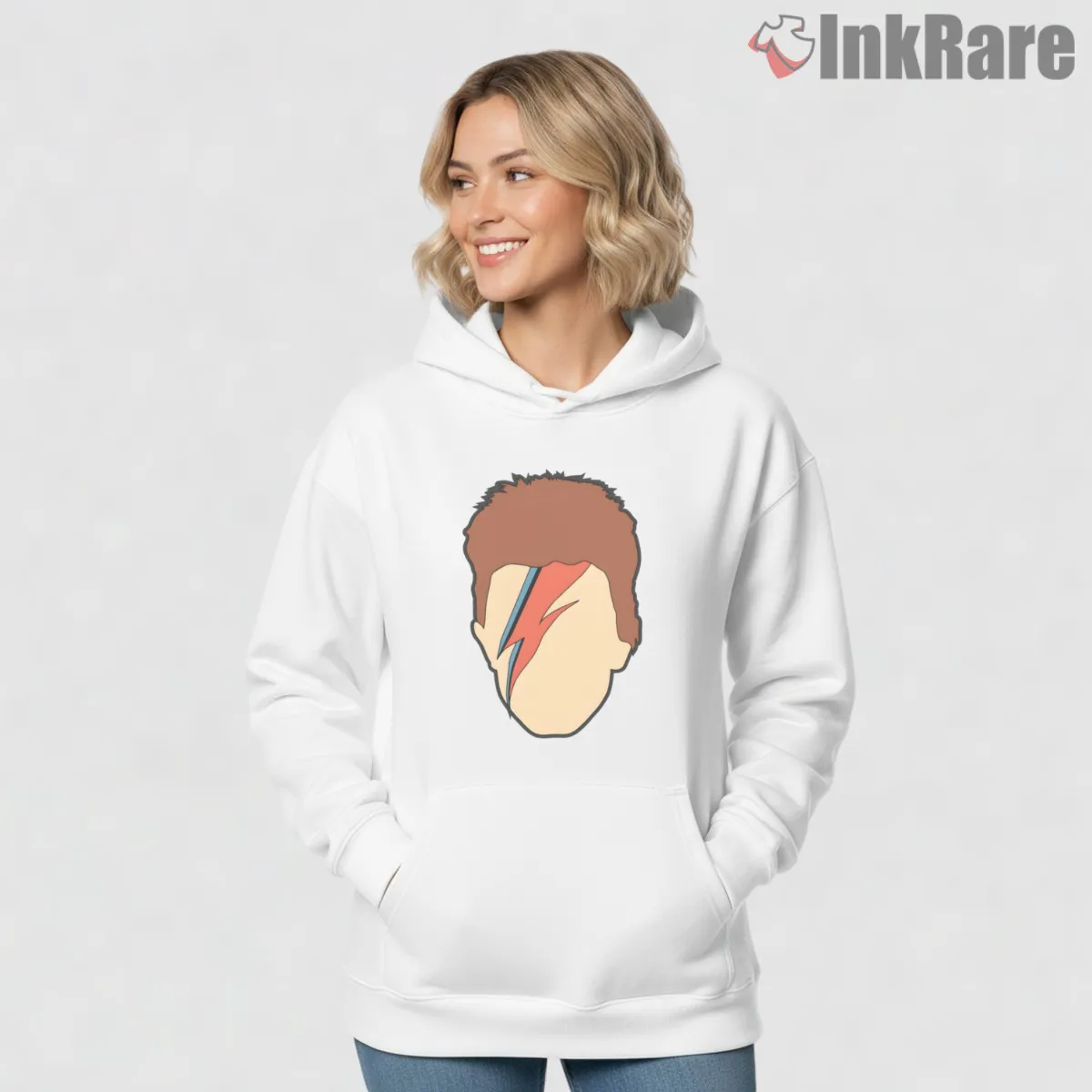 David Bowie Faceless Lightning Bolt Minimal Portrait Shirt on white hoodie for women graphic tee