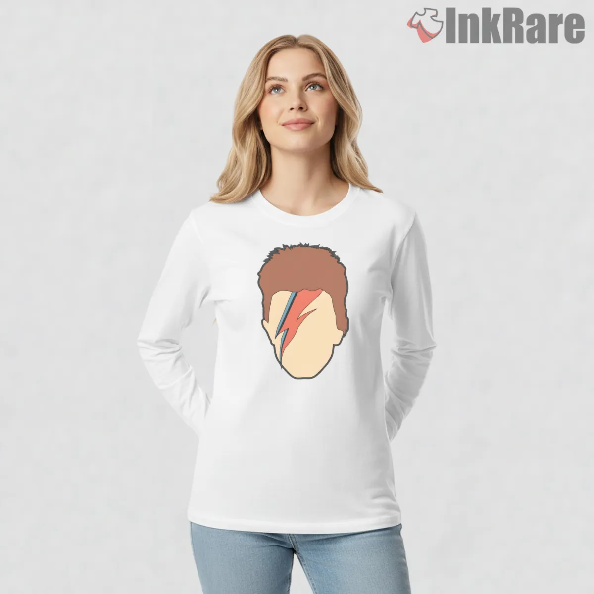 David Bowie Faceless Lightning Bolt Minimal Portrait Long Sleeve White David Bowie Faceless Lightning Bolt Minimal Portrait Shirt on white long sleeve shirt for women graphic tee