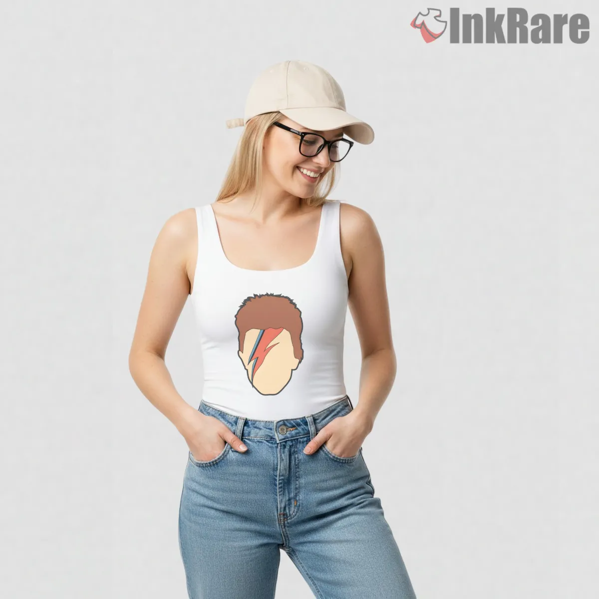 David Bowie Faceless Lightning Bolt Minimal Portrait Tank Top White David Bowie Faceless Lightning Bolt Minimal Portrait Shirt on white tank top for women graphic tee