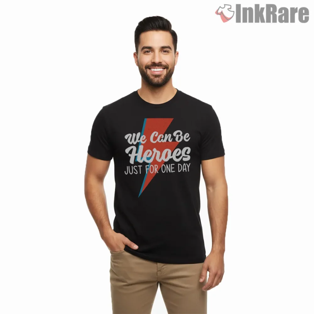 David Bowie Heroes Lightning Bolt Lyric Retro Shirt on black short sleeve shirt for men graphic tee