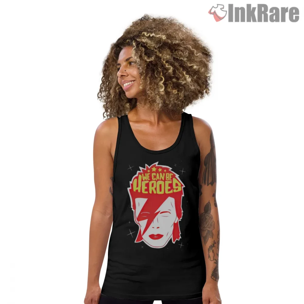 David Bowie Heroes Lightning Face Pop Graphic Shirt on black tank top for women graphic tee