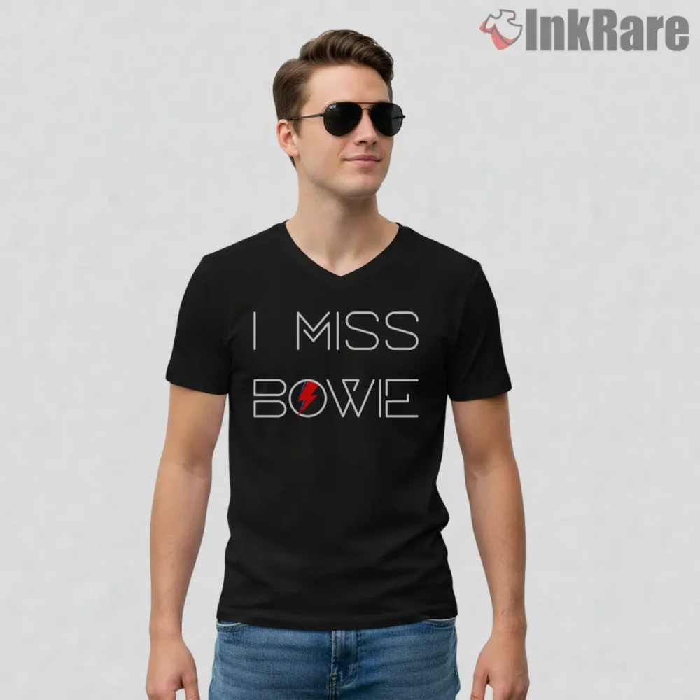 David Bowie I Miss Bowie Minimal Tribute Shirt on black v-neck shirt for men graphic tee