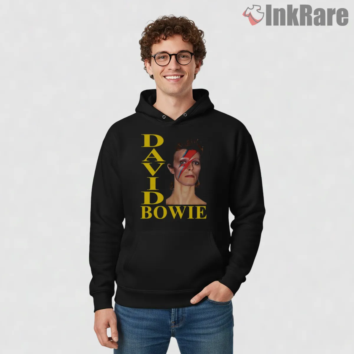 David Bowie Lightning Bolt Classic Portrait Retro Shirt on black hoodie for men graphic tee
