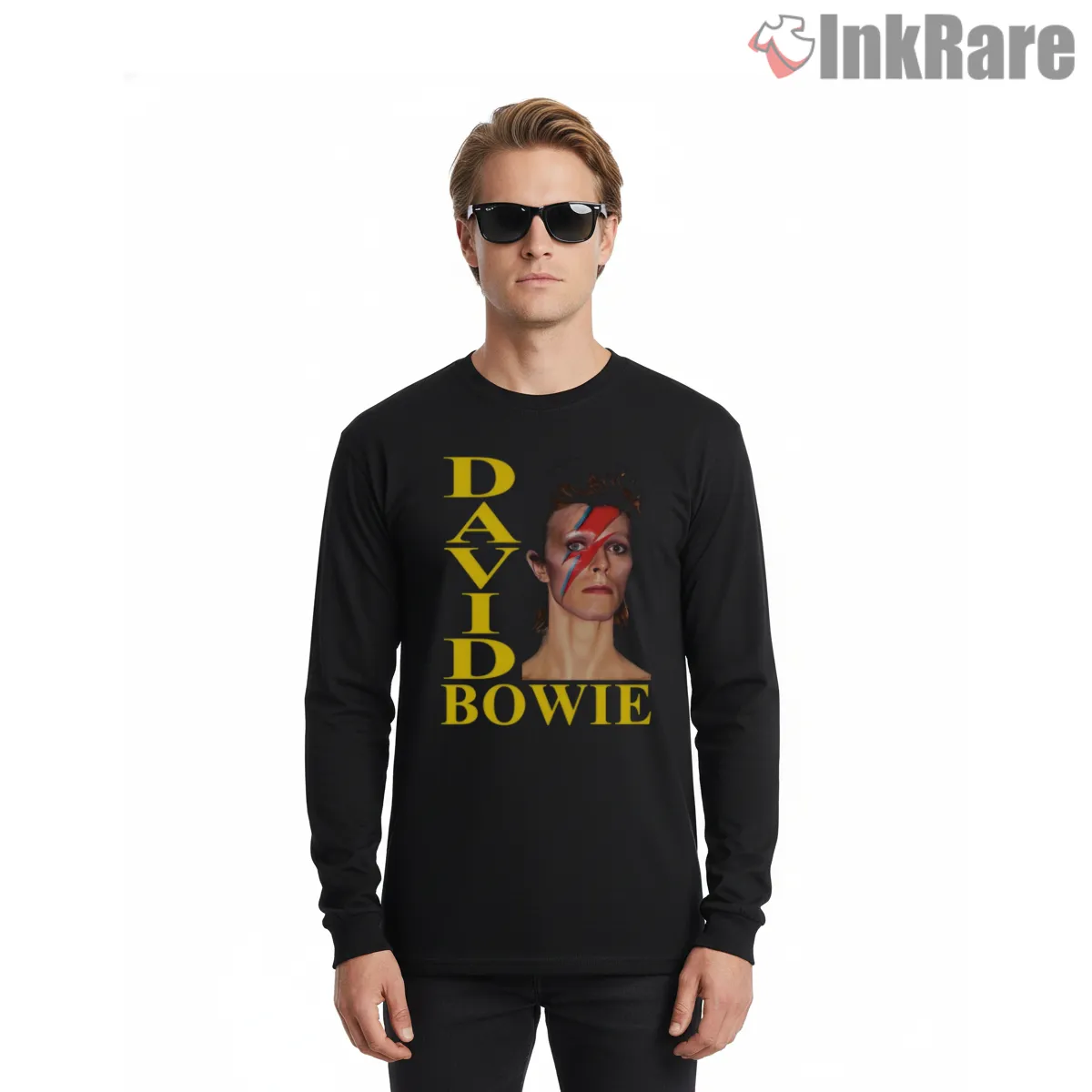 David Bowie Lightning Bolt Classic Portrait Retro Long Sleeve Black David Bowie Lightning Bolt Classic Portrait Retro Shirt on black long sleeve shirt for men graphic tee
