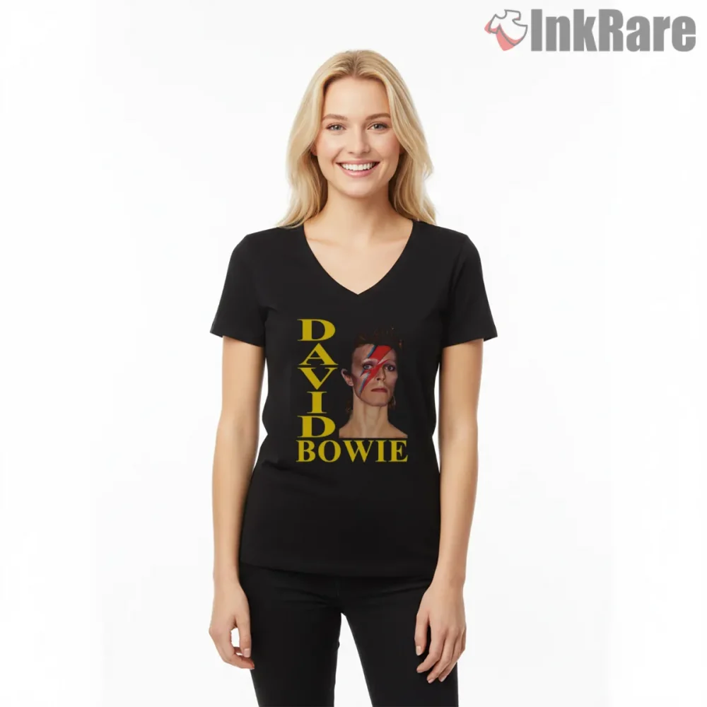 David Bowie Lightning Bolt Classic Portrait Retro Shirt on black v-neck shirt for women graphic tee