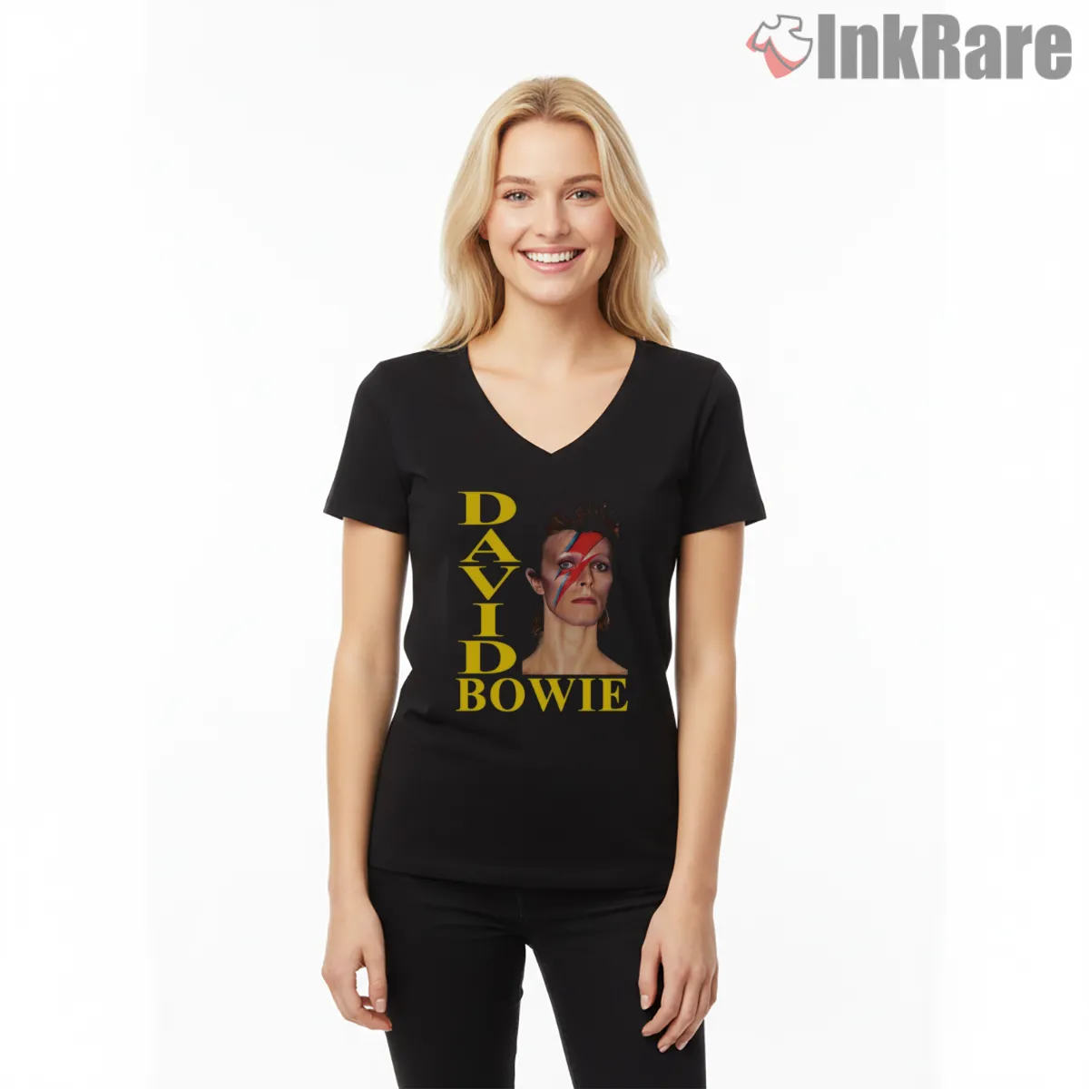David Bowie Lightning Bolt Classic Portrait Retro V Neck Black David Bowie Lightning Bolt Classic Portrait Retro Shirt on black v-neck shirt for women graphic tee