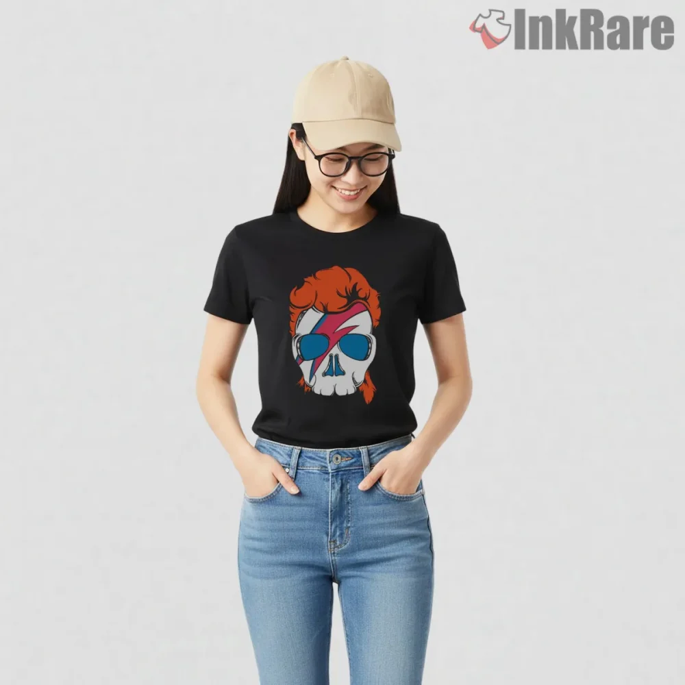 David Bowie Lightning Skull Glam Rock Pop Art Shirt on black short sleeve shirt for women graphic tee