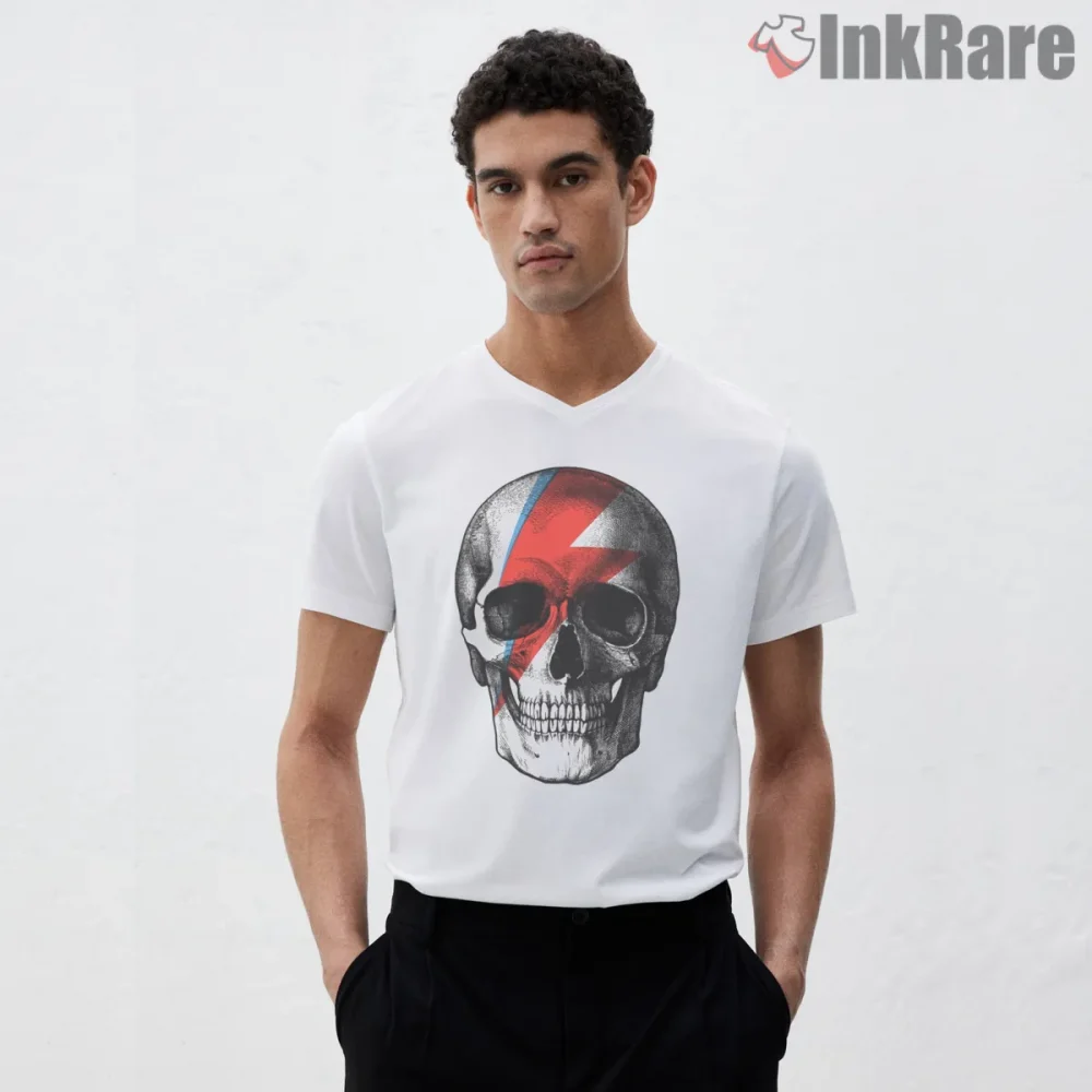 David Bowie Lightning Skull Glam Rock Tribute Shirt on white v-neck shirt for men graphic tee