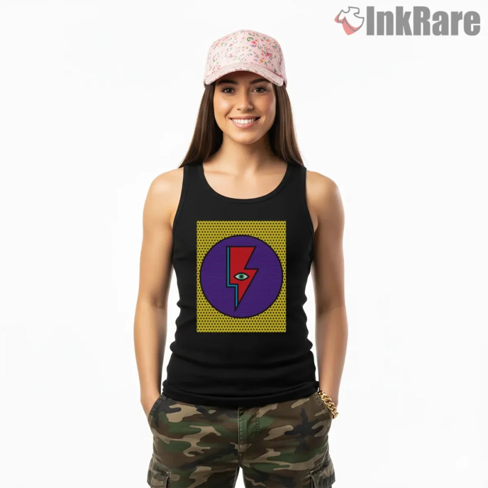 David Bowie Minimal Lightning Bolt Symbol Graphic Shirt on black tank top for women graphic tee