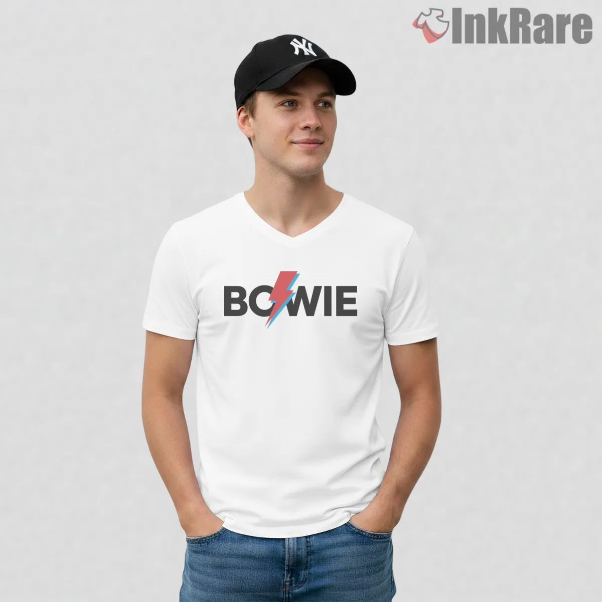 David Bowie Minimal Lightning Logo Retro V Neck White David Bowie Minimal Lightning Logo Retro Shirt on white v-neck shirt for men graphic tee