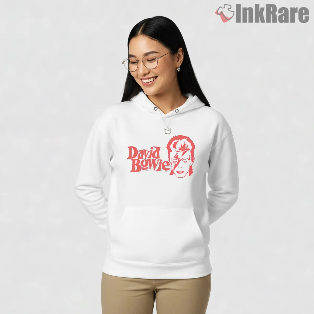 David Bowie Minimal Red Lightning Portrait Shirt on white hoodie for women graphic tee