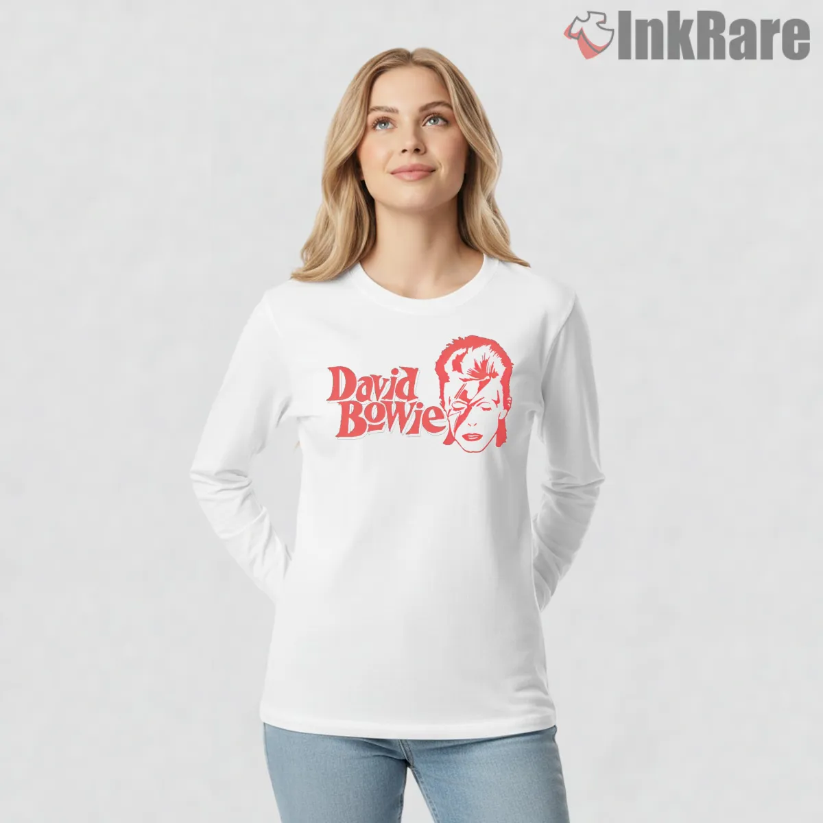 David Bowie Minimal Red Lightning Portrait Long Sleeve White David Bowie Minimal Red Lightning Portrait Shirt on white long sleeve shirt for women graphic tee