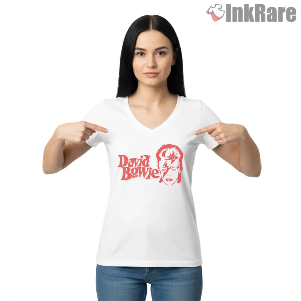 David Bowie Minimal Red Lightning Portrait Shirt on white v-neck shirt for women graphic tee