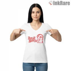 David Bowie Minimal Red Lightning Portrait Shirt on white v-neck shirt for women graphic tee