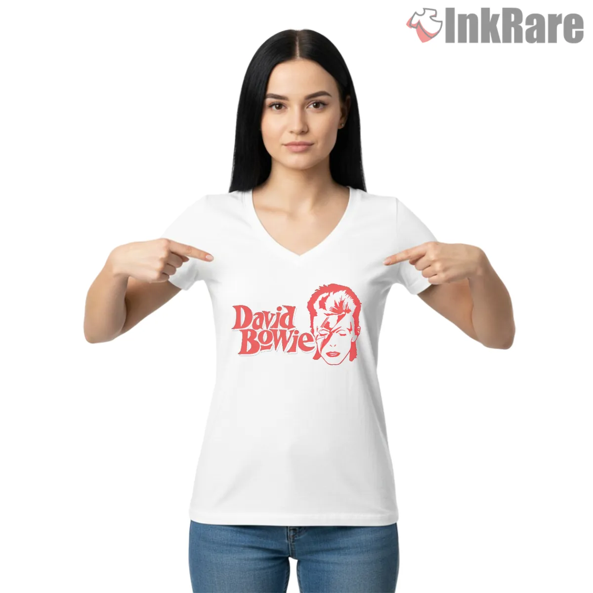 David Bowie Minimal Red Lightning Portrait V Neck White David Bowie Minimal Red Lightning Portrait Shirt on white v-neck shirt for women graphic tee