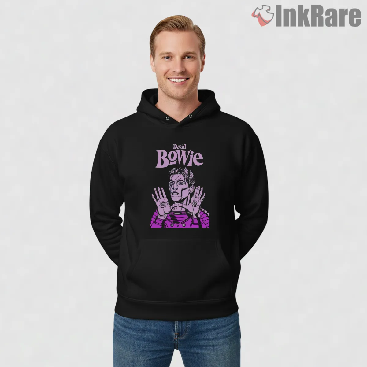 David Bowie Neon Comic Art Ziggy Stardust Tribute Shirt on black hoodie for men graphic tee