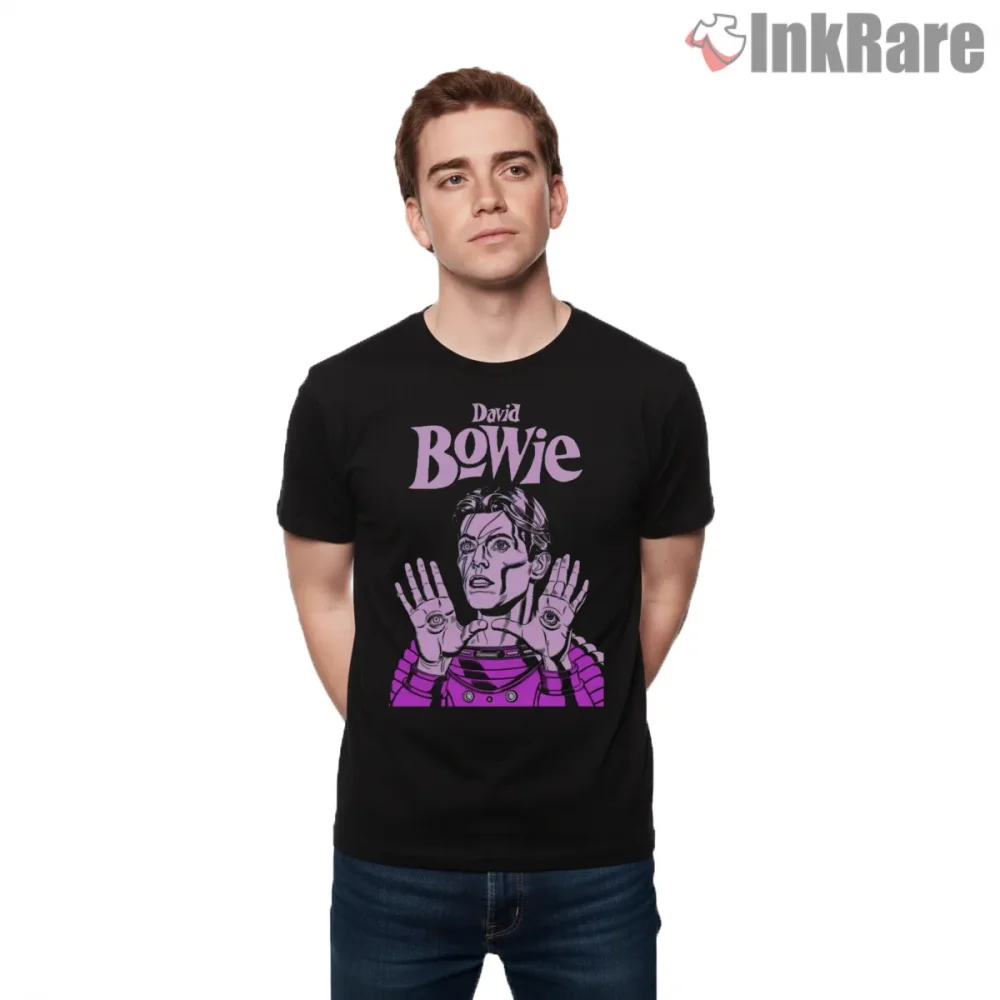 David Bowie Neon Comic Art Ziggy Stardust Tribute Shirt on black short sleeve shirt for men graphic tee