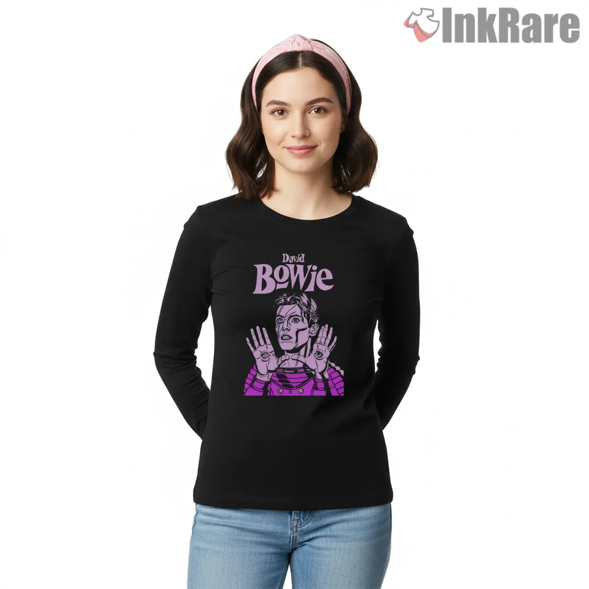 David Bowie Neon Comic Art Ziggy Stardust Tribute Long Sleeve Black David Bowie Neon Comic Art Ziggy Stardust Tribute Shirt on black long sleeve shirt for women graphic tee