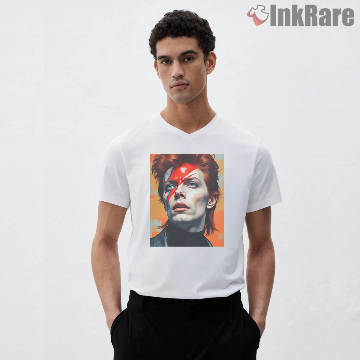 David Bowie Painted Lightning Portrait Modern Art V Neck White David Bowie Painted Lightning Portrait Modern Art Shirt on white v-neck shirt for men graphic tee