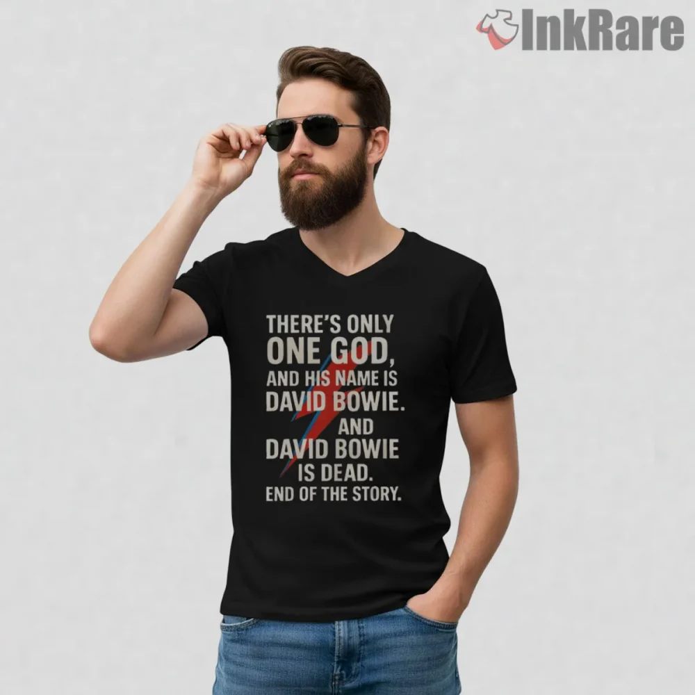 David Bowie Quote Lightning Bolt Tribute Shirt on black v-neck shirt for men graphic tee