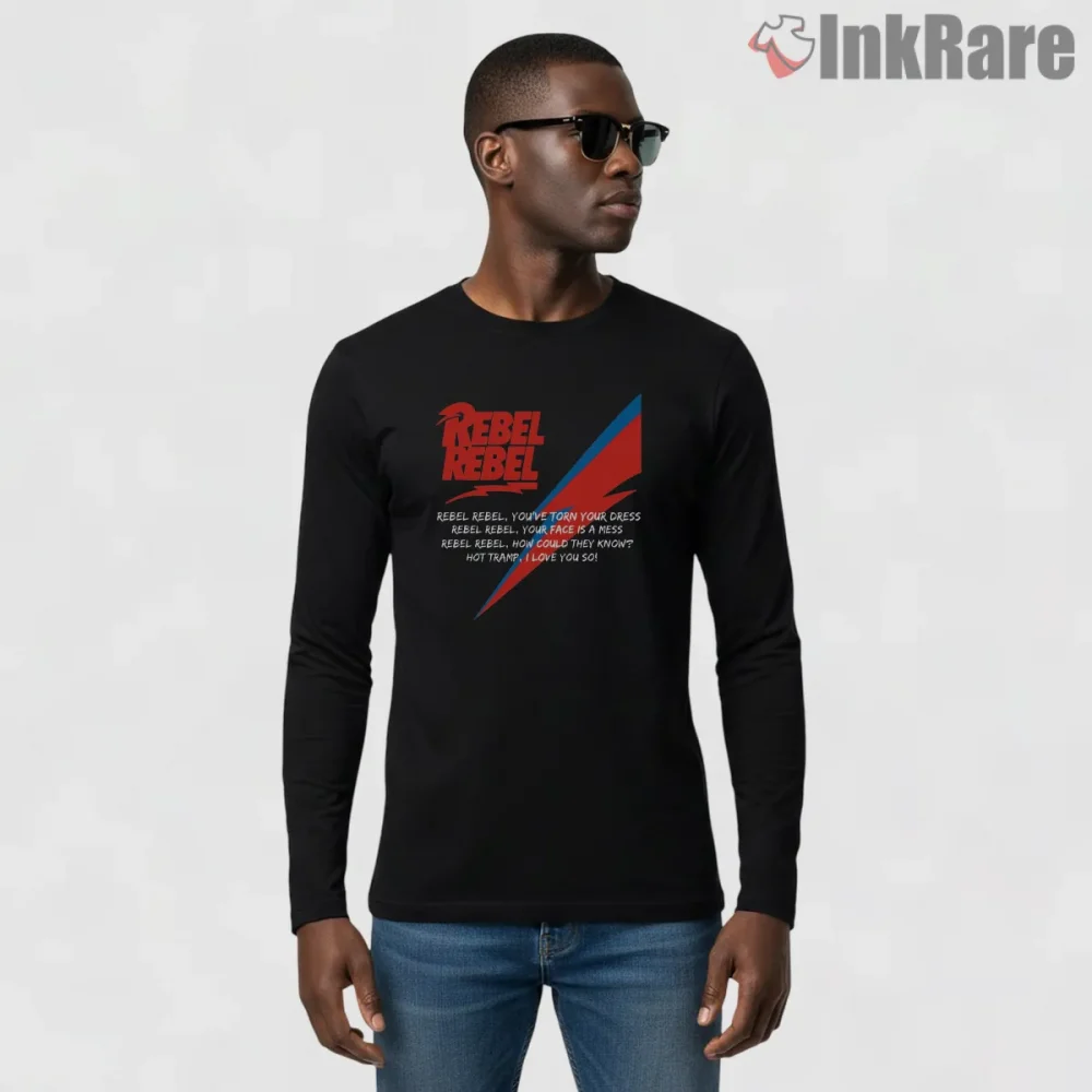 David Bowie Rebel Rebel Lightning Typography Rock Shirt on black long sleeve shirt for men graphic tee