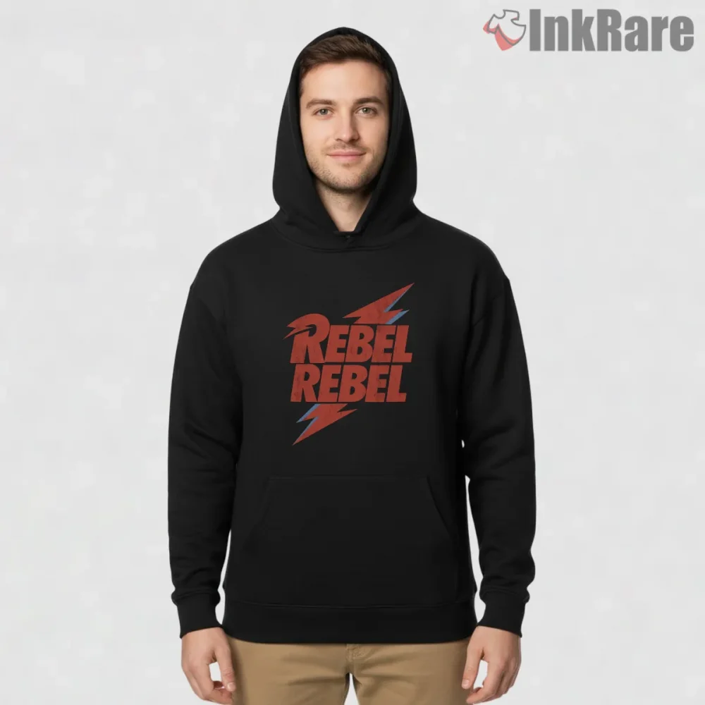 David Bowie Rebel Rebel Retro Typography Rock Shirt on black hoodie for men graphic tee