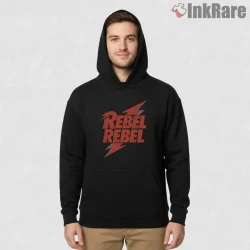 David Bowie Rebel Rebel Retro Typography Rock Shirt on black hoodie for men graphic tee