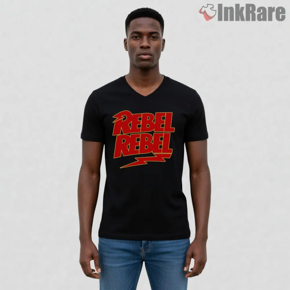 David Bowie Rebel Rebel Vintage Glam Rock Shirt on black v-neck shirt for men graphic tee