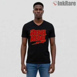 David Bowie Rebel Rebel Vintage Glam Rock Shirt on black v-neck shirt for men graphic tee