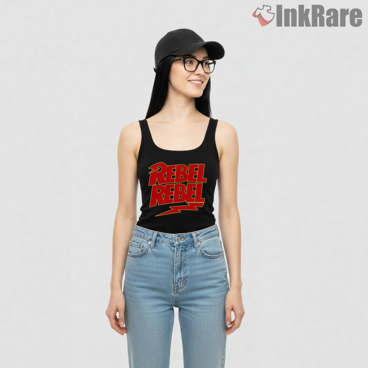 David Bowie Rebel Rebel Vintage Glam Rock Tank Top Black David Bowie Rebel Rebel Vintage Glam Rock Shirt on black tank top for women graphic tee