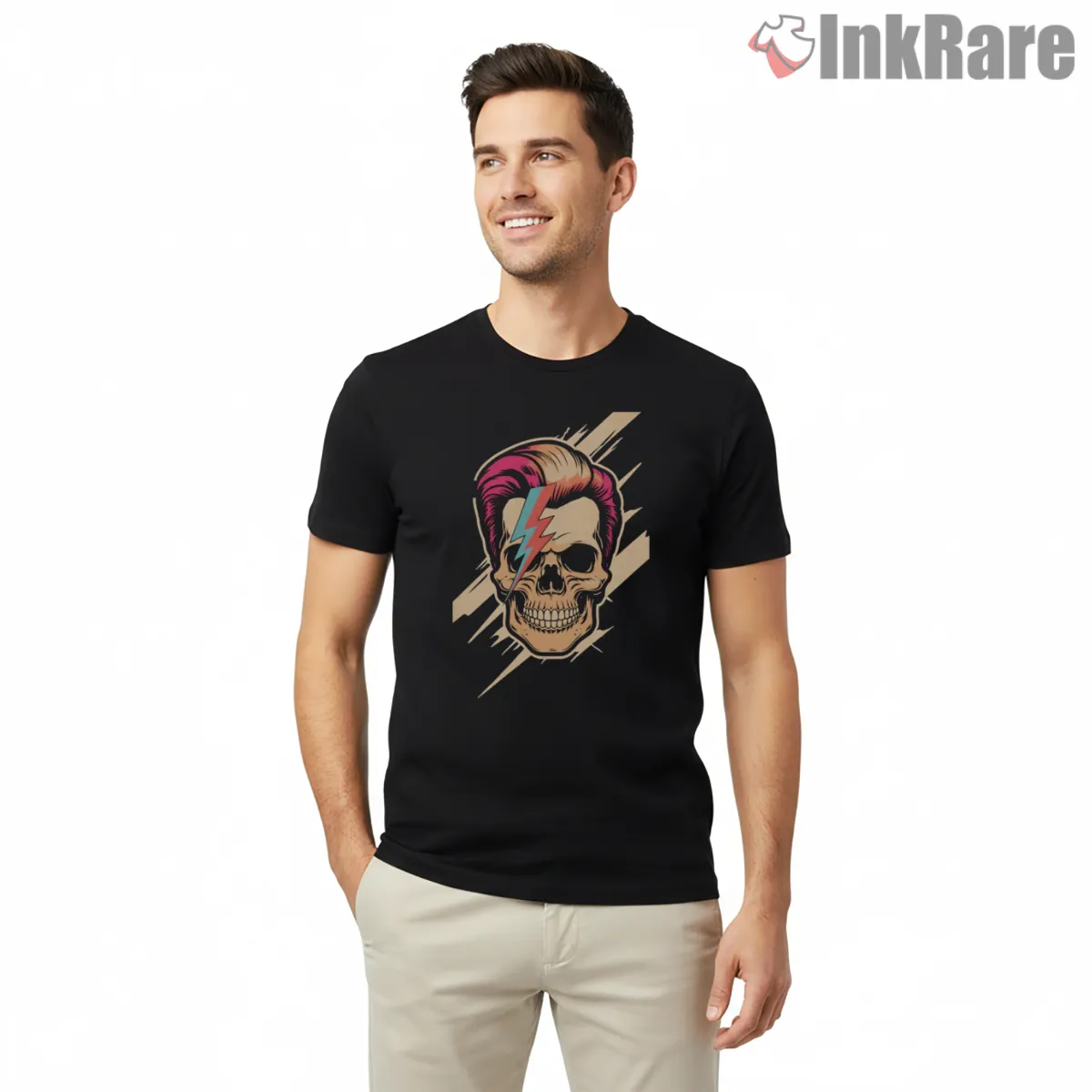 David Bowie Rebel Skull Lightning Bolt Punk Shirt on black short sleeve shirt for men graphic tee