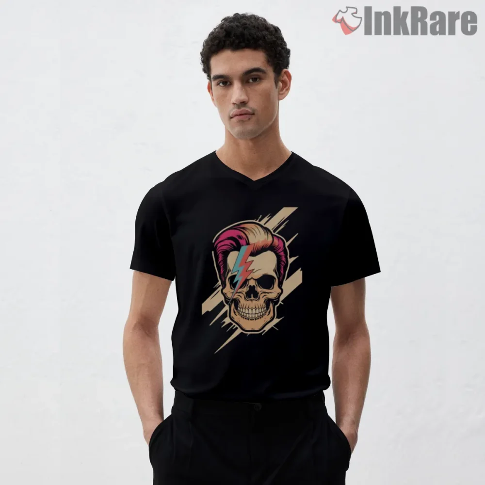David Bowie Rebel Skull Lightning Bolt Punk Shirt on black v-neck shirt for men graphic tee