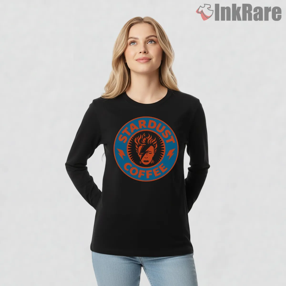 David Bowie Stardust Coffee Parody Crossover Long Sleeve Black David Bowie Stardust Coffee Parody Crossover Shirt on black long sleeve shirt for women graphic tee