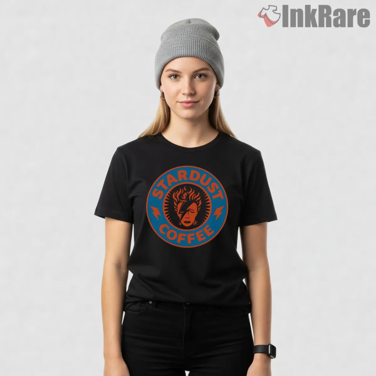 David Bowie Stardust Coffee Parody Crossover Short Sleeve Black David Bowie Stardust Coffee Parody Crossover Shirt on black short sleeve shirt for women graphic tee