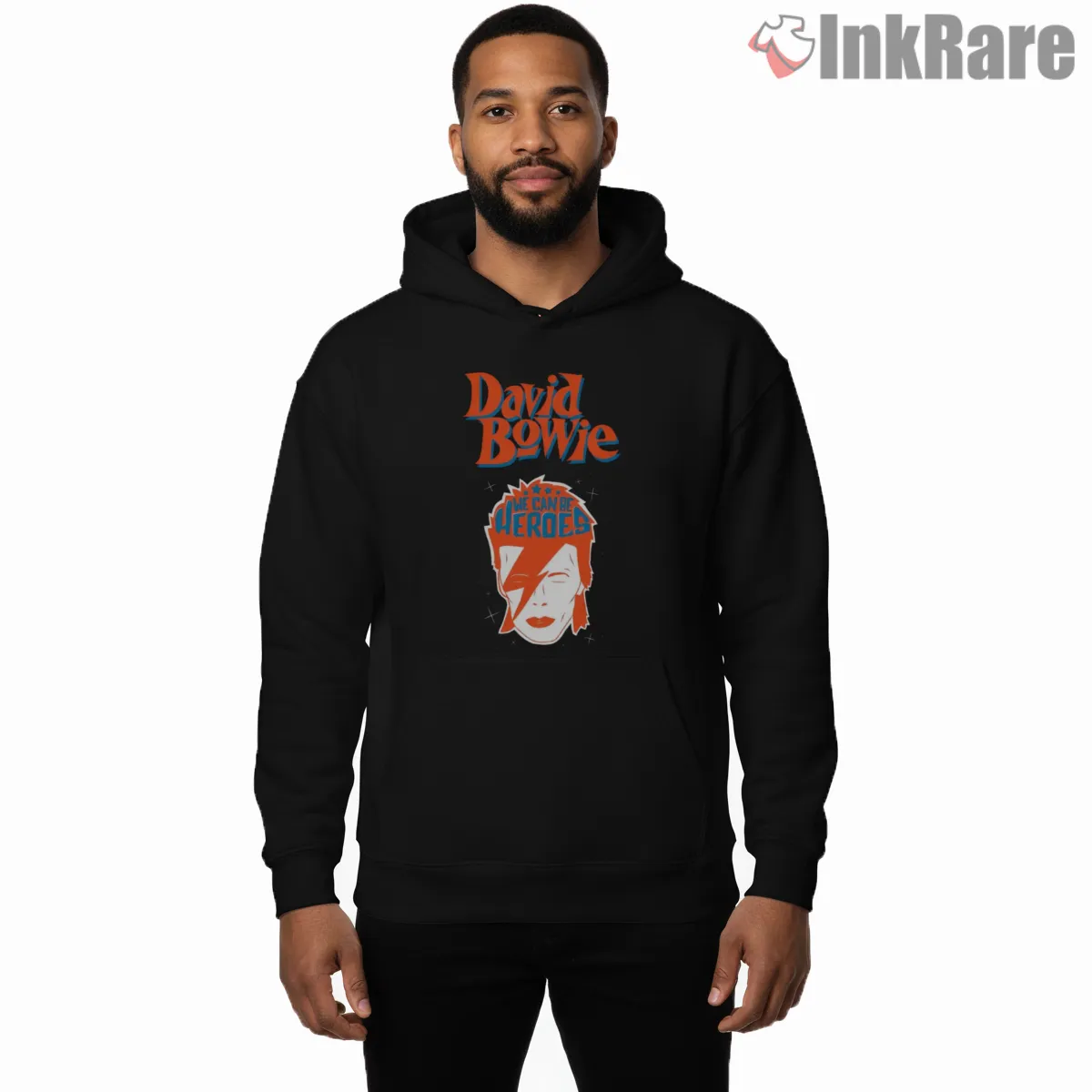 David Bowie We Can Be Heroes Retro Graphic Shirt on black hoodie for men graphic tee