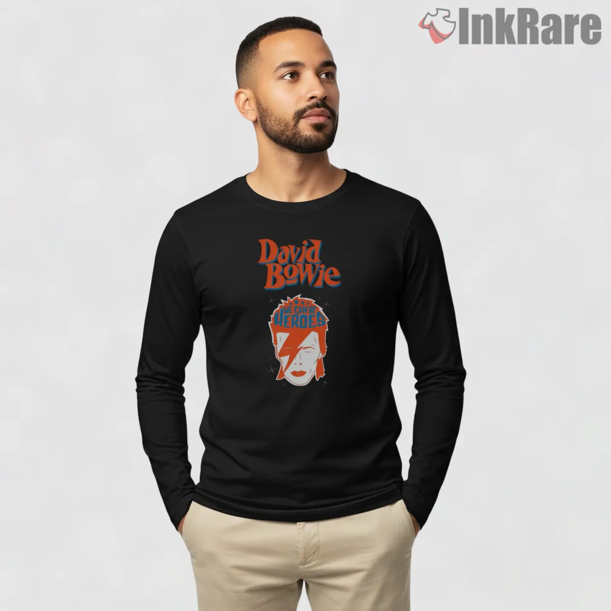 David Bowie We Can Be Heroes Retro Graphic Long Sleeve Black David Bowie We Can Be Heroes Retro Graphic Shirt on black long sleeve shirt for men graphic tee
