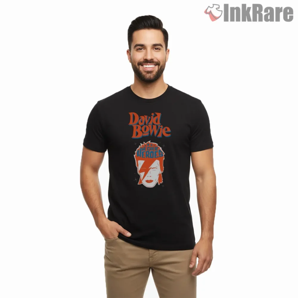 David Bowie We Can Be Heroes Retro Graphic Shirt on black short sleeve shirt for men graphic tee