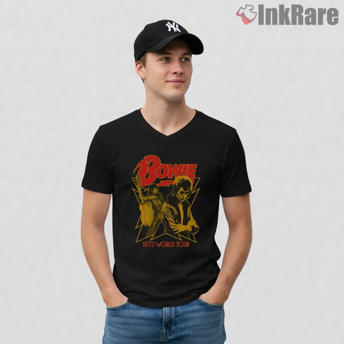 David Bowie Ziggy Stardust 1972 World Tour Shirt on black v-neck shirt for men graphic tee