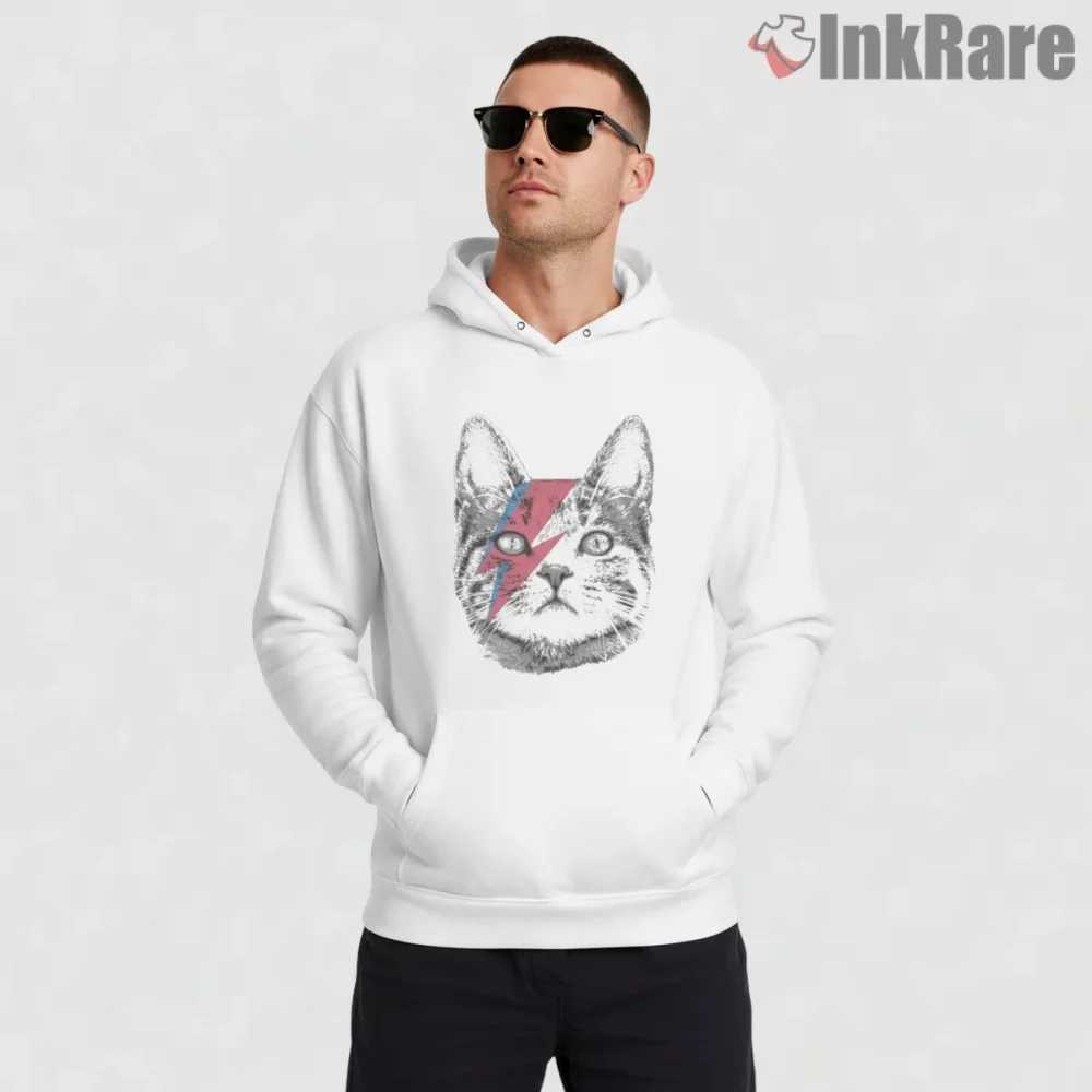 David Bowie Ziggy Stardust Cat Parody Graphic Shirt on white hoodie for men graphic tee