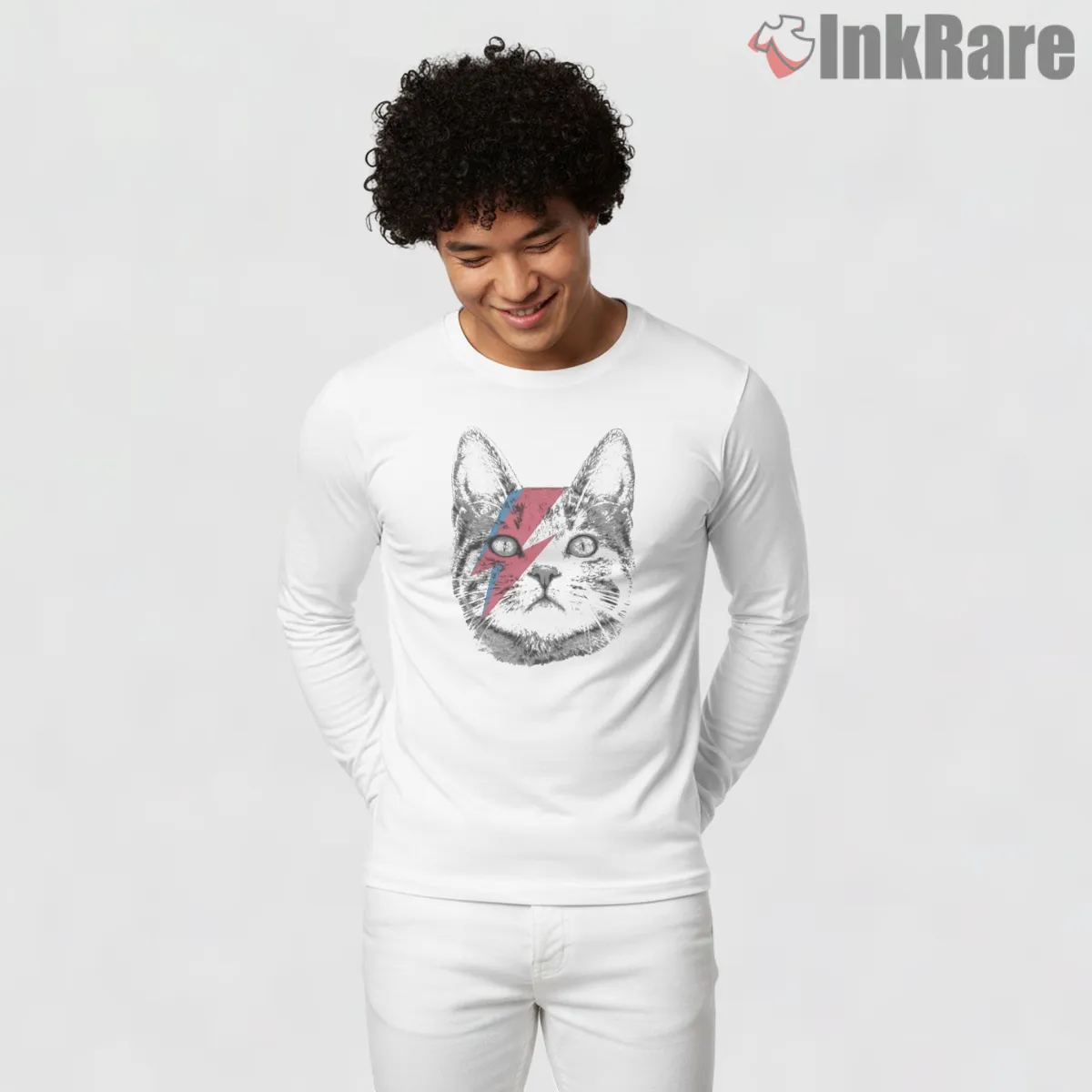David Bowie Ziggy Stardust Cat Parody Graphic Shirt on white long sleeve shirt for men graphic tee