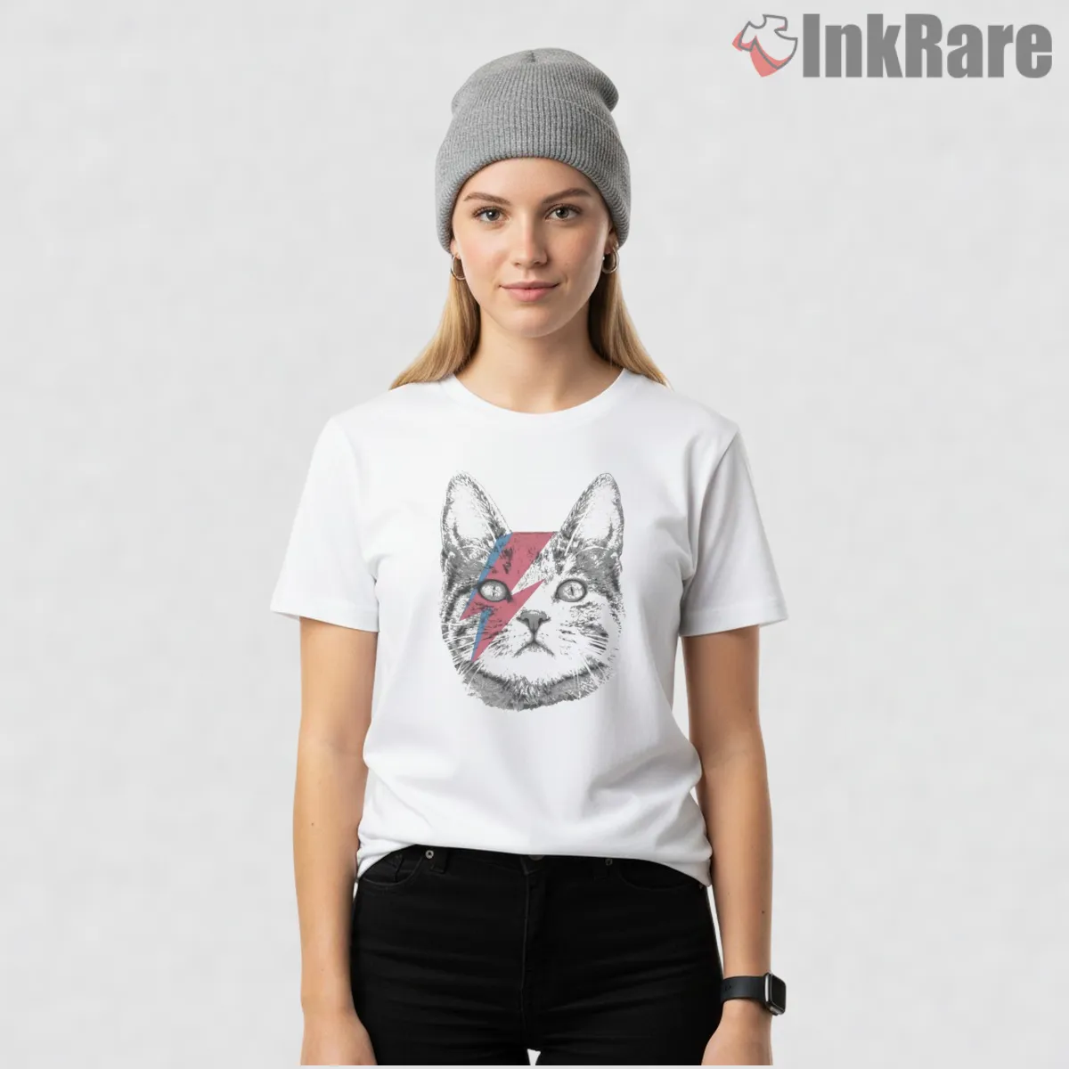 David Bowie Ziggy Stardust Cat Parody Graphic Short Sleeve White David Bowie Ziggy Stardust Cat Parody Graphic Shirt on white short sleeve shirt for women graphic tee