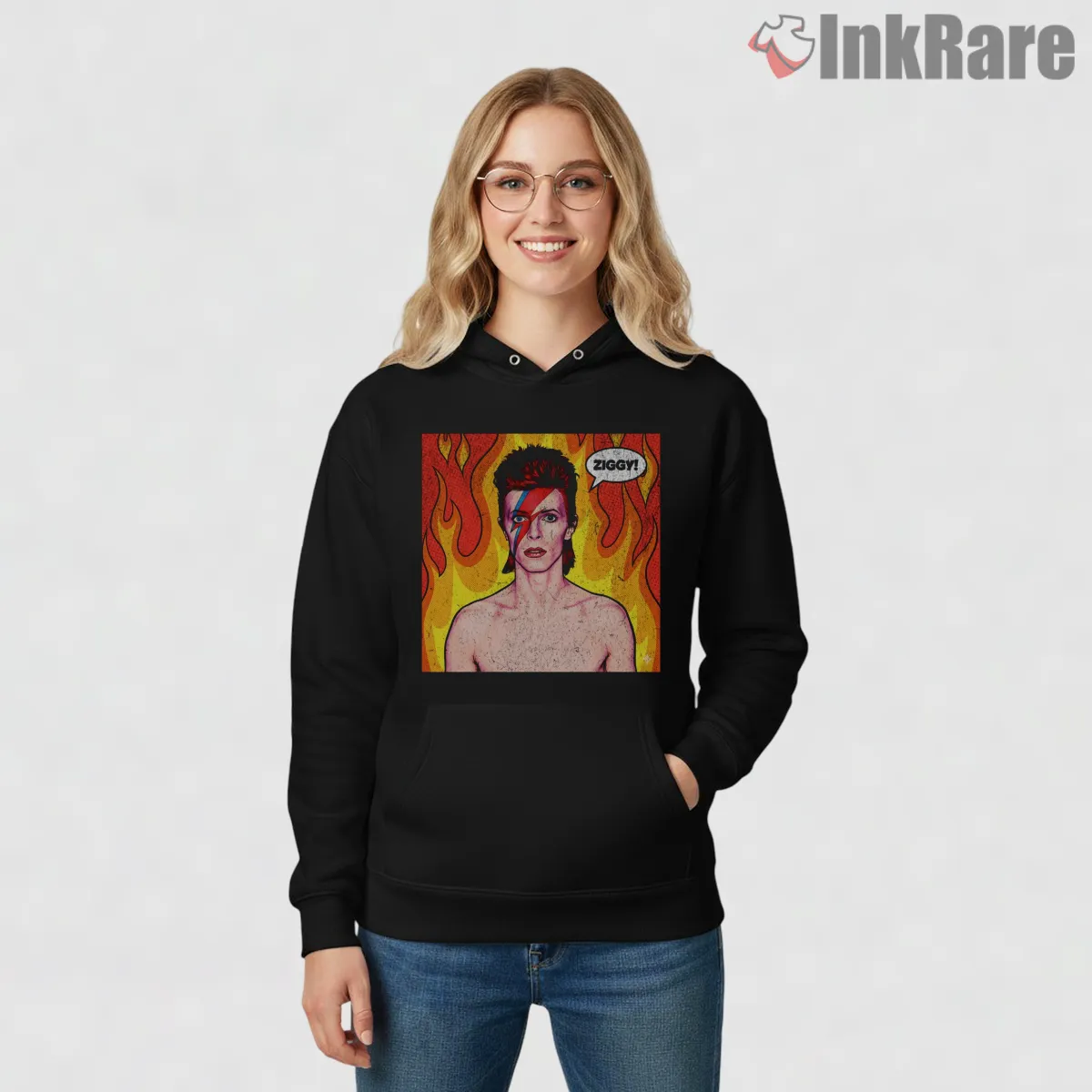 David Bowie Ziggy Stardust Comic Flame Portrait Shirt on black hoodie for women graphic tee