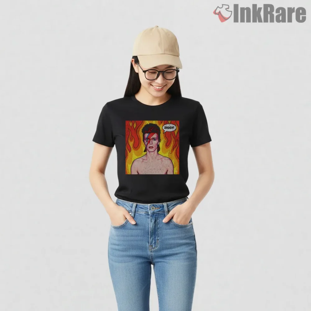 David Bowie Ziggy Stardust Comic Flame Portrait Shirt on black short sleeve shirt for women graphic tee