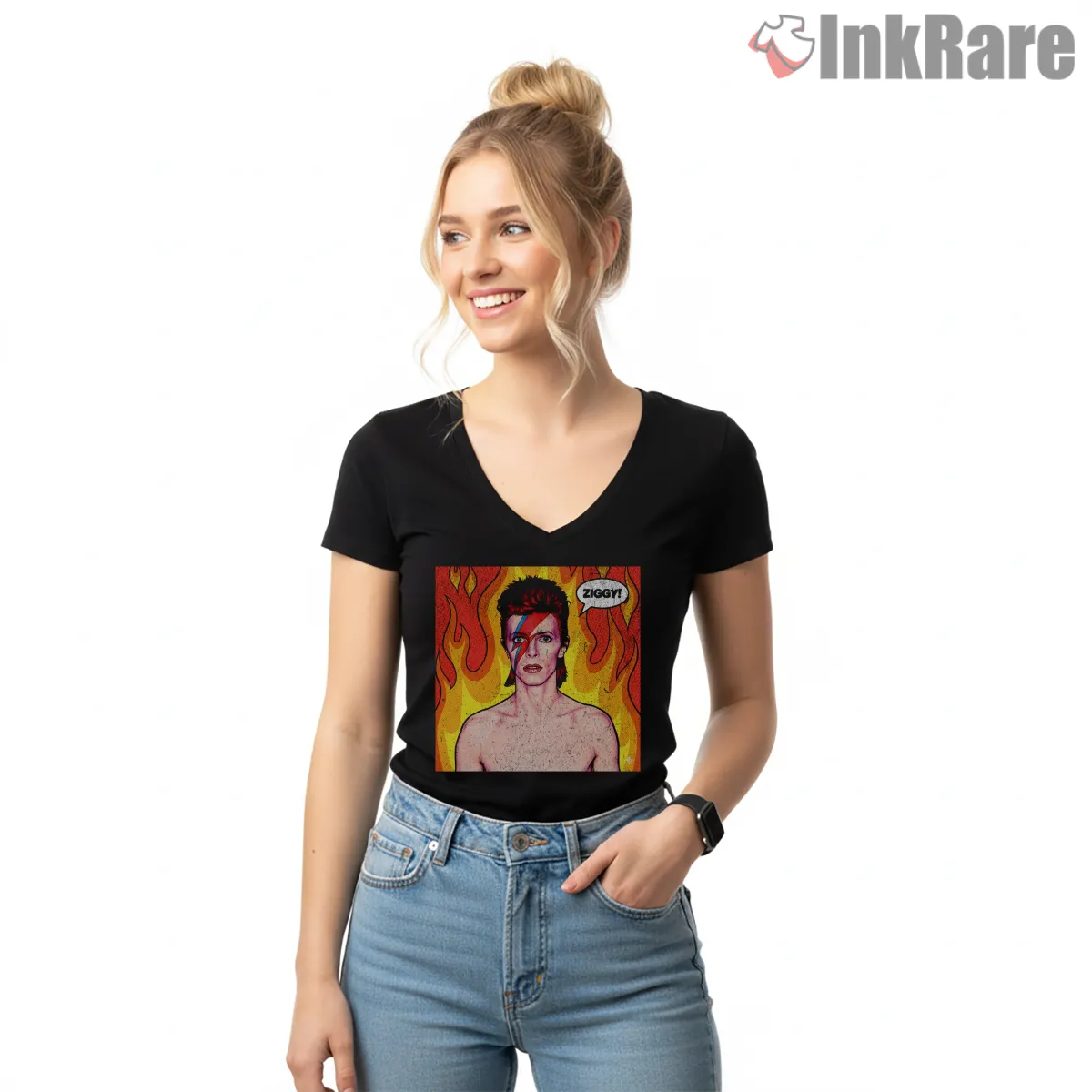 David Bowie Ziggy Stardust Comic Flame Portrait V Neck Black David Bowie Ziggy Stardust Comic Flame Portrait Shirt on black v-neck shirt for women graphic tee