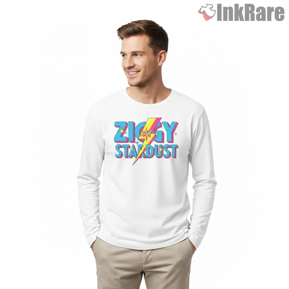 David Bowie Ziggy Stardust Retro Typography Shirt on white long sleeve shirt for men graphic tee