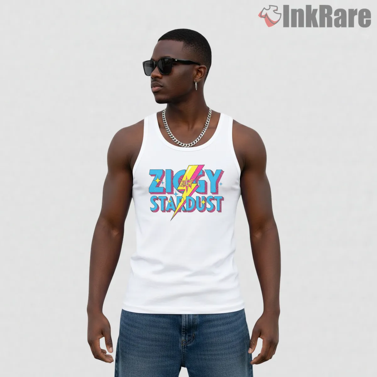 David Bowie Ziggy Stardust Retro Typography Tank Top White David Bowie Ziggy Stardust Retro Typography Shirt on white tank top for men graphic tee