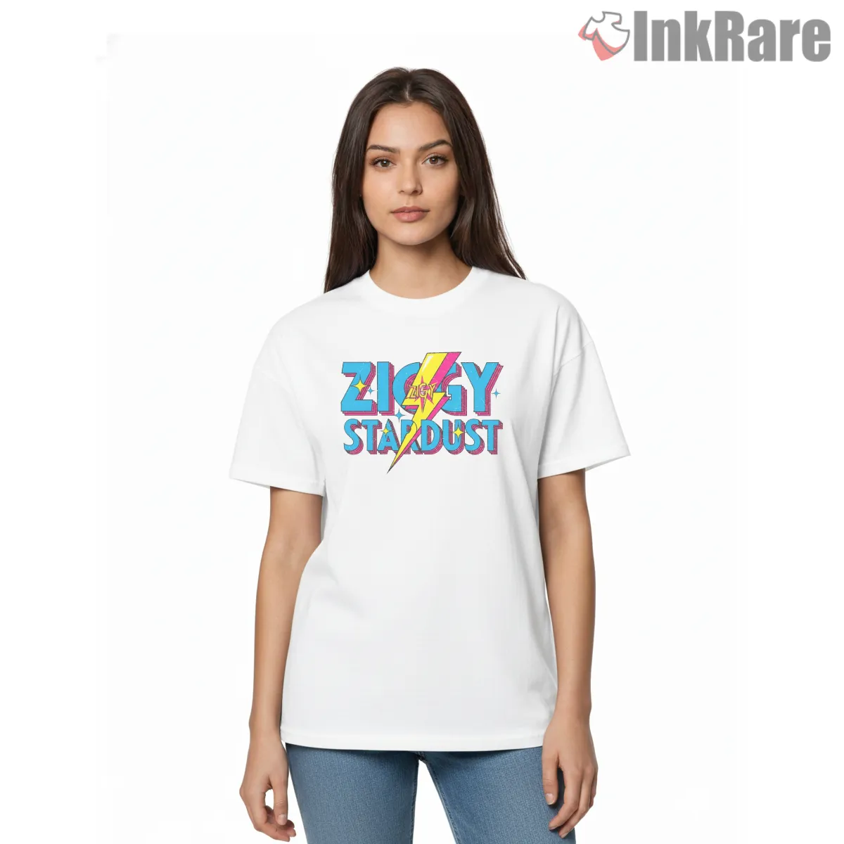 David Bowie Ziggy Stardust Retro Typography Short Sleeve White David Bowie Ziggy Stardust Retro Typography Shirt on white short sleeve shirt for women graphic tee